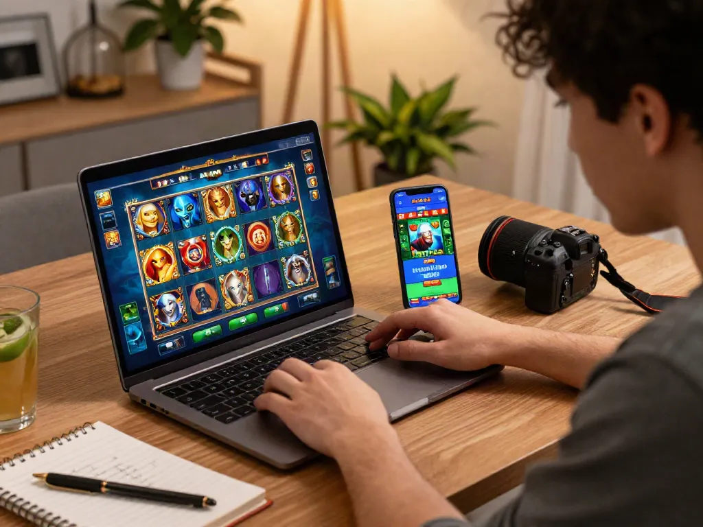 Player exploring slot resmi games on a laptop in a cozy home study environment.