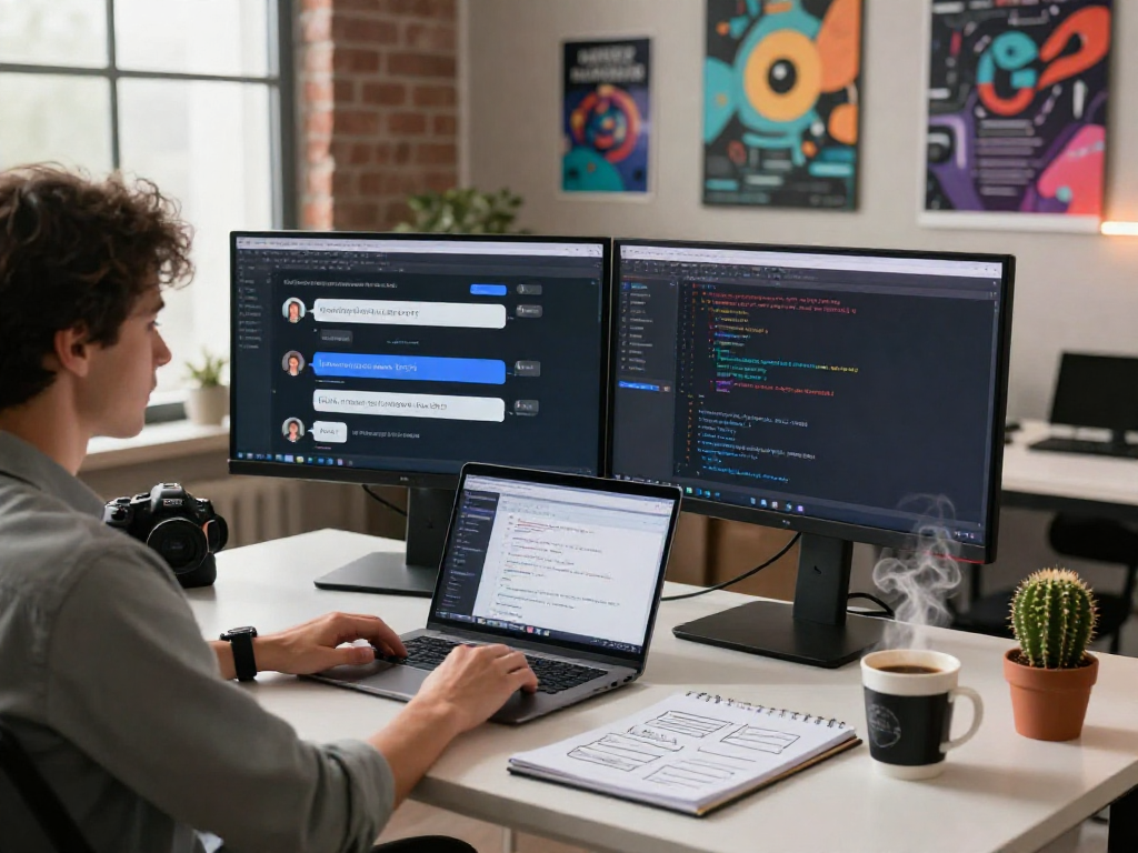 AI chat NSFW development workspace with chatbot interface and coding screens.