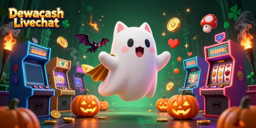 Engage with Dewacash Livechat in a haunted casino world filled with animated creatures and vibrant gaming elements.