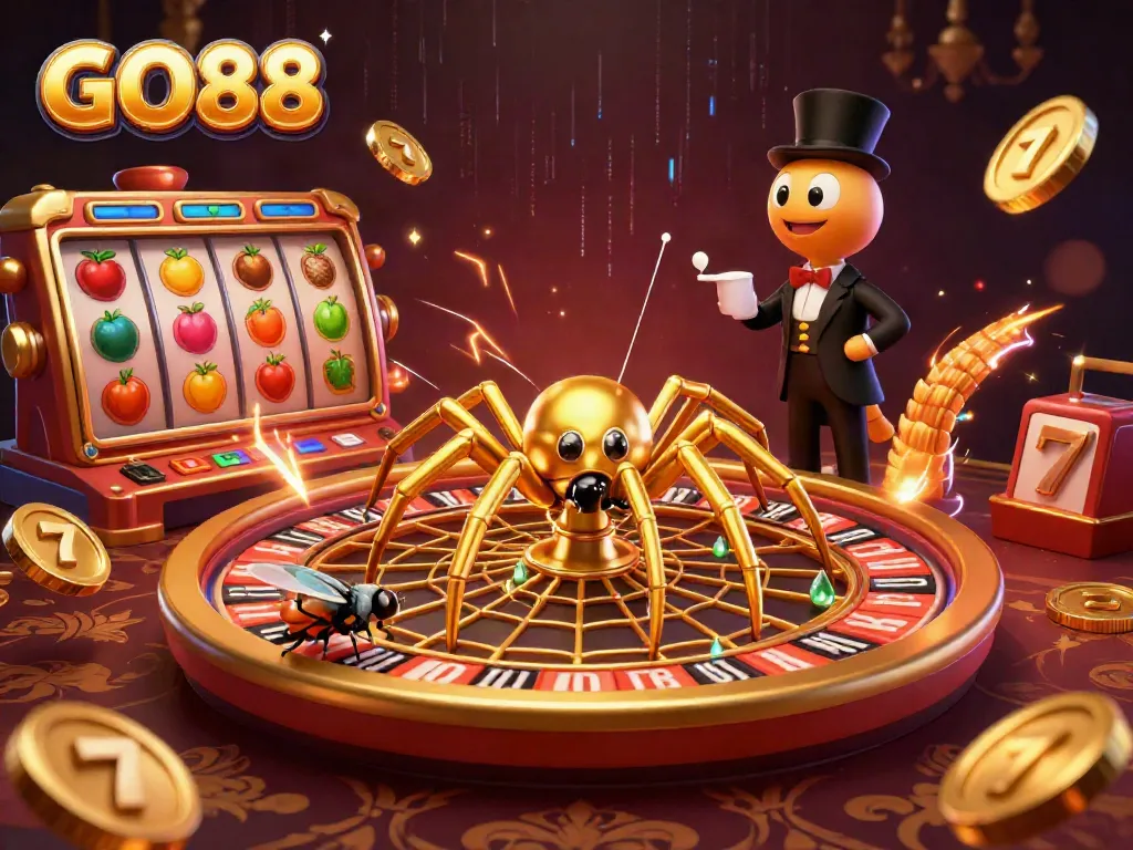 Experience thrilling wins at GO88 with golden roulette and exciting slots in this vibrant illustration.