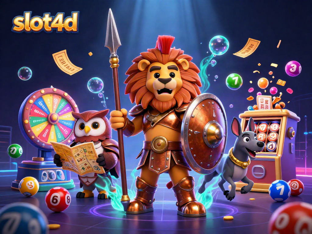 Engage with slot4d as the Spartan lion and allies surround vibrant lottery elements in a dynamic scene.