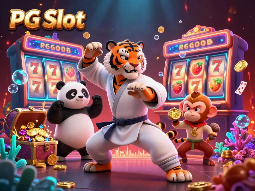 Ilustrasi PG Slot dengan naga kung fu dan panda sedang berlatih di kasino penuh harta.